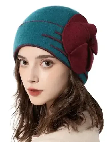 Sumolux Beanie Hats for Women Wool Skull Cap Beret Floral Cuffed French Vintage Dress Cloche Classic Winter 1920s - SUMOLUX (1)