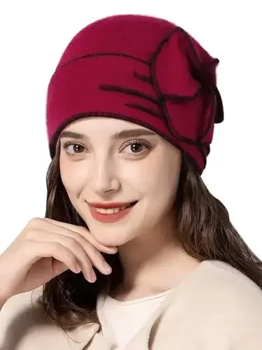 Sumolux Beanie Hats for Women Wool Skull Cap Beret Floral Cuffed French Vintage Dress Cloche Classic Winter 1920s - 1