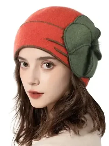 Sumolux Beanie Hats for Women Wool Skull Cap Beret Floral Cuffed French Vintage Dress Cloche Classic Winter 1920s - SUMOLUX (1)