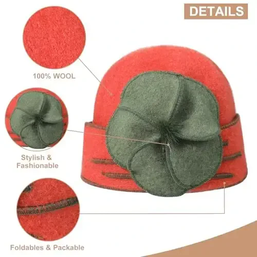 Sumolux Beanie Hats for Women Wool Skull Cap Beret Floral Cuffed French Vintage Dress Cloche Classic Winter 1920s - 4