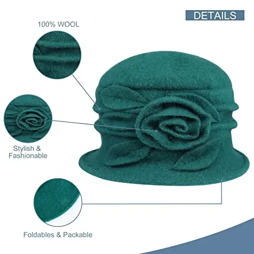 Sumolux Women Beret Hat French Vintage Floral Wool Dress Cloche Classic Winter Hat 1920s - 3