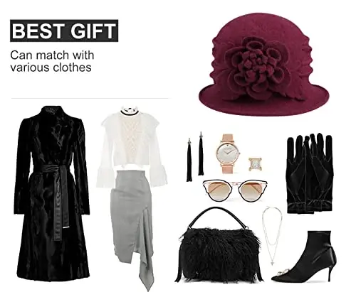 Sumolux Women Beret Hat French Vintage Floral Wool Dress Cloche Classic Winter Hat 1920s - 6