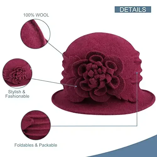 Sumolux Women Beret Hat French Vintage Floral Wool Dress Cloche Classic Winter Hat 1920s - 3