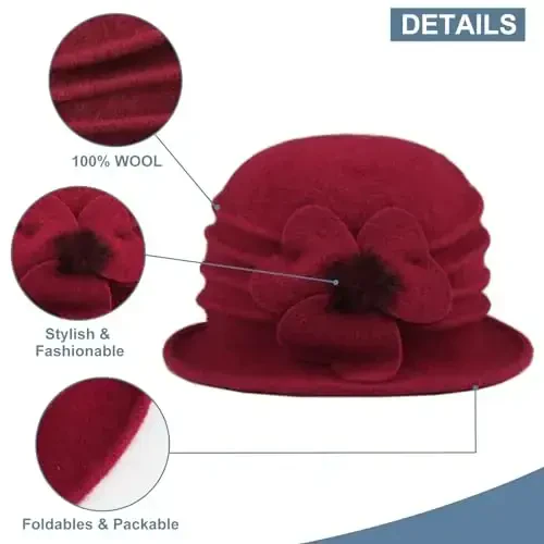 Sumolux Women Beret Hat French Vintage Floral Wool Dress Cloche Classic Winter Hat 1920s - 3