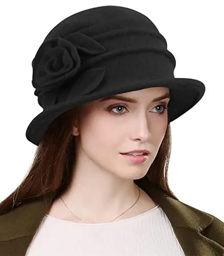 Sumolux Women Beret Hat French Vintage Floral Wool Dress Cloche Classic Winter Hat 1920s - SUMOLUX