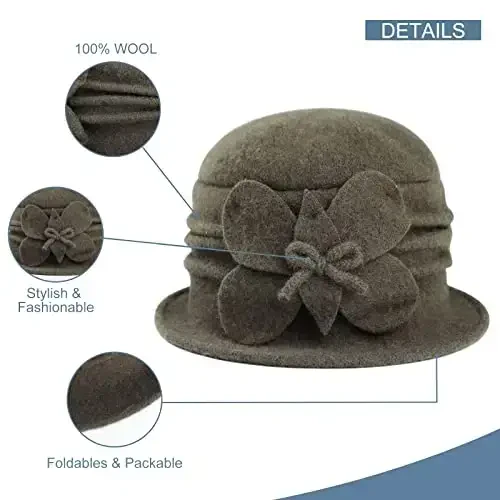 Sumolux Women Beret Hat French Vintage Floral Wool Dress Cloche Classic Winter Hat 1920s - 3