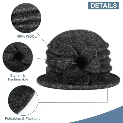 Sumolux Women Beret Hat French Vintage Floral Wool Dress Cloche Classic Winter Hat 1920s - 3