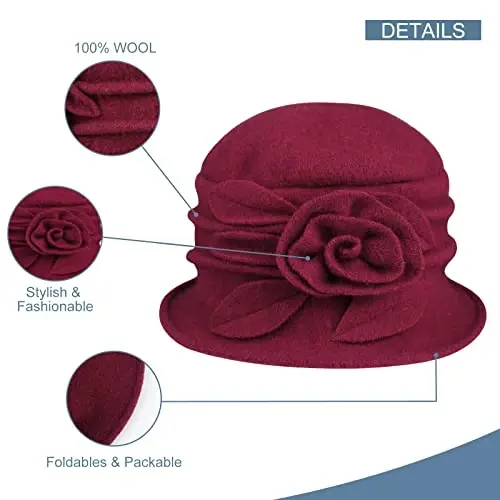 Sumolux Women Beret Hat French Vintage Floral Wool Dress Cloche Classic Winter Hat 1920s - 3
