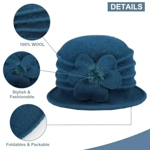 Sumolux Women Beret Hat French Vintage Floral Wool Dress Cloche Classic Winter Hat 1920s - 3
