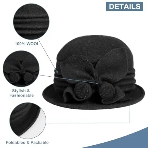 Sumolux Women Beret Hat French Vintage Floral Wool Dress Cloche Classic Winter Hat 1920s - 3