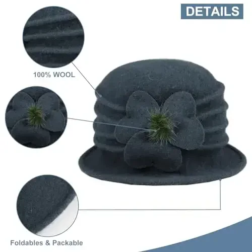 Sumolux Women Beret Hat French Vintage Floral Wool Dress Cloche Classic Winter Hat 1920s - 3