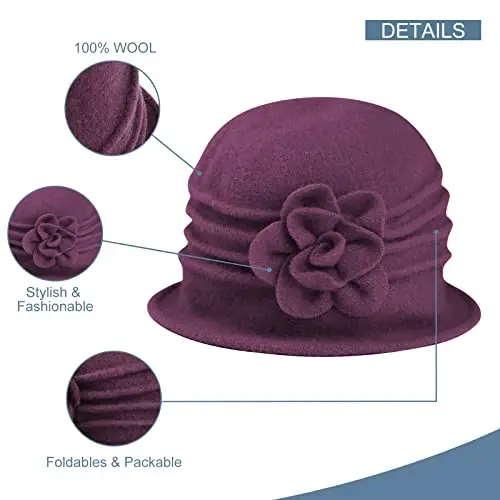 Sumolux Women Beret Hat French Vintage Floral Wool Dress Cloche Classic Winter Hat 1920s - 3