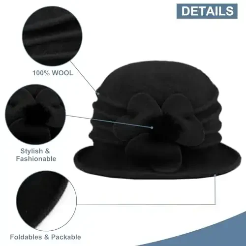 Sumolux Women Beret Hat French Vintage Floral Wool Dress Cloche Classic Winter Hat 1920s - 3
