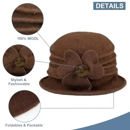 Sumolux Women Beret Hat French Vintage Floral Wool Dress Cloche Classic Winter Hat 1920s - 3