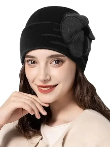 Sumolux Beanie Hats for Women Wool Skull Cap Beret Floral Cuffed French Vintage Dress Cloche Classic Winter 1920s - SUMOLUX