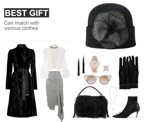 Sumolux Beanie Hats for Women Wool Skull Cap Beret Floral Cuffed French Vintage Dress Cloche Classic Winter 1920s - 6