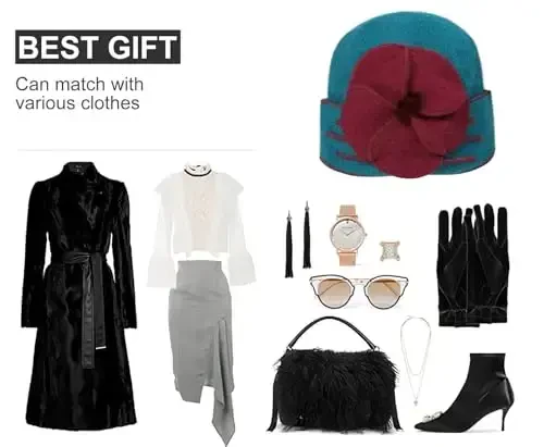 Sumolux Beanie Hats for Women Wool Skull Cap Beret Floral Cuffed French Vintage Dress Cloche Classic Winter 1920s - 6