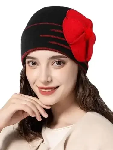 Sumolux Beanie Hats for Women Wool Skull Cap Beret Floral Cuffed French Vintage Dress Cloche Classic Winter 1920s - SUMOLUX