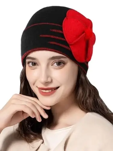 Sumolux Beanie Hats for Women Wool Skull Cap Beret Floral Cuffed French Vintage Dress Cloche Classic Winter 1920s - 1