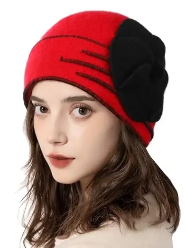 Sumolux Beanie Hats for Women Wool Skull Cap Beret Floral Cuffed French Vintage Dress Cloche Classic Winter 1920s - 2
