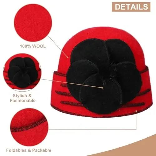 Sumolux Beanie Hats for Women Wool Skull Cap Beret Floral Cuffed French Vintage Dress Cloche Classic Winter 1920s - 4