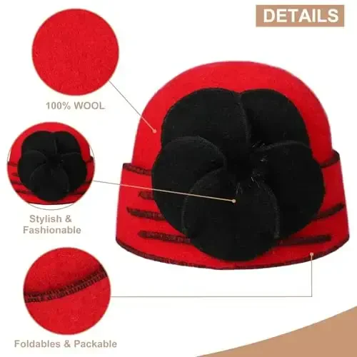 Sumolux Beanie Hats for Women Wool Skull Cap Beret Floral Cuffed French Vintage Dress Cloche Classic Winter 1920s - 4