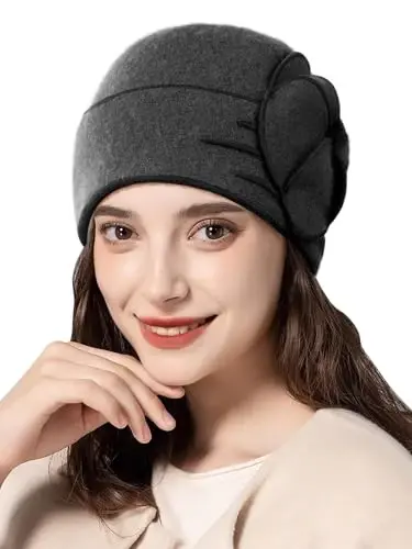Sumolux Beanie Hats for Women Wool Skull Cap Beret Floral Cuffed French Vintage Dress Cloche Classic Winter 1920s - 1