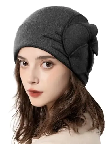 Sumolux Beanie Hats for Women Wool Skull Cap Beret Floral Cuffed French Vintage Dress Cloche Classic Winter 1920s - 2