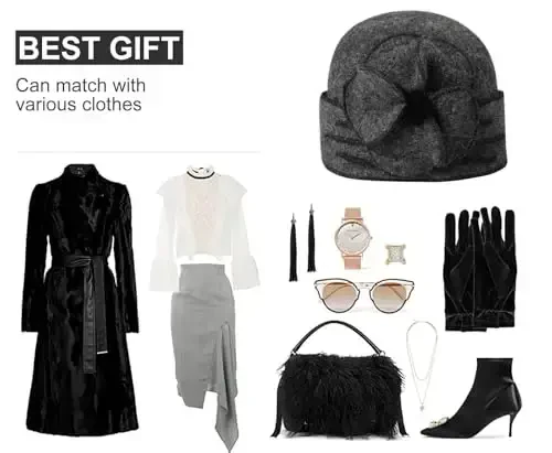 Sumolux Beanie Hats for Women Wool Skull Cap Beret Floral Cuffed French Vintage Dress Cloche Classic Winter 1920s - 6