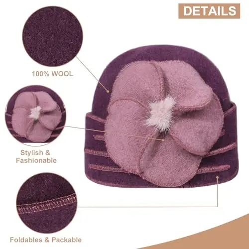 Sumolux Beanie Hats for Women Wool Skull Cap Beret Floral Cuffed French Vintage Dress Cloche Classic Winter 1920s - 4