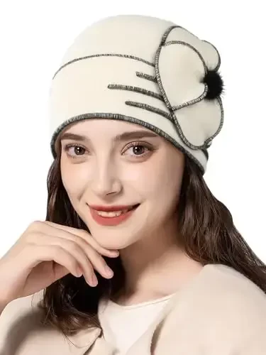 Sumolux Beanie Hats for Women Wool Skull Cap Beret Floral Cuffed French Vintage Dress Cloche Classic Winter 1920s 