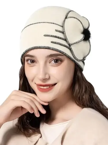 Sumolux Beanie Hats for Women Wool Skull Cap Beret Floral Cuffed French Vintage Dress Cloche Classic Winter 1920s - 1