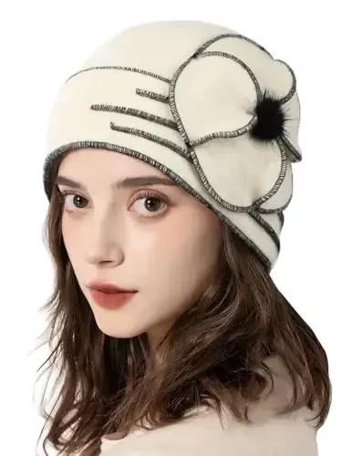 Sumolux Beanie Hats for Women Wool Skull Cap Beret Floral Cuffed French Vintage Dress Cloche Classic Winter 1920s - 2