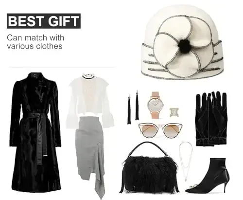 Sumolux Beanie Hats for Women Wool Skull Cap Beret Floral Cuffed French Vintage Dress Cloche Classic Winter 1920s - 6