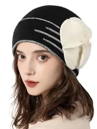 Sumolux Beanie Hats for Women Wool Skull Cap Beret Floral Cuffed French Vintage Dress Cloche Classic Winter 1920s - SUMOLUX (1)