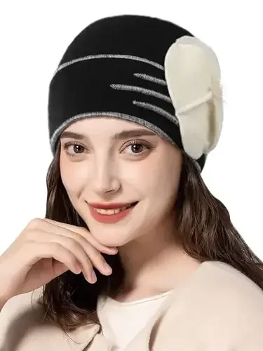 Sumolux Beanie Hats for Women Wool Skull Cap Beret Floral Cuffed French Vintage Dress Cloche Classic Winter 1920s - SUMOLUX