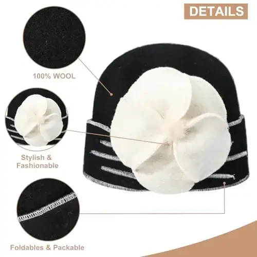 Sumolux Beanie Hats for Women Wool Skull Cap Beret Floral Cuffed French Vintage Dress Cloche Classic Winter 1920s - 4