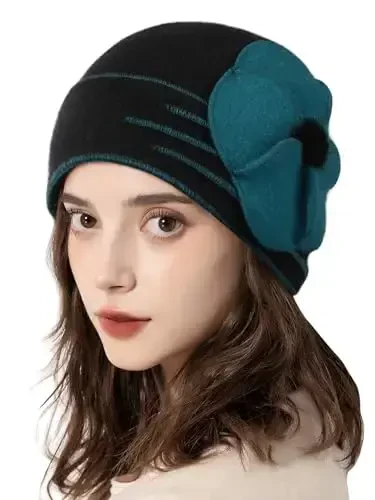 Sumolux Beanie Hats for Women Wool Skull Cap Beret Floral Cuffed French Vintage Dress Cloche Classic Winter 1920s - 2