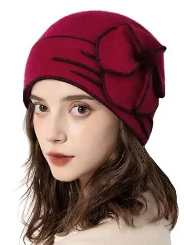 Sumolux Beanie Hats for Women Wool Skull Cap Beret Floral Cuffed French Vintage Dress Cloche Classic Winter 1920s - 3