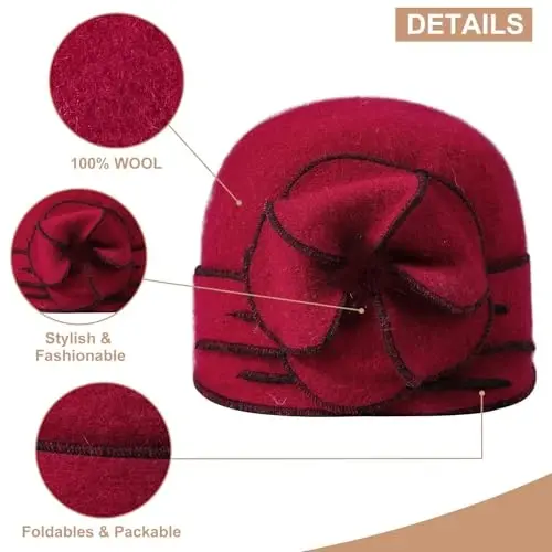 Sumolux Beanie Hats for Women Wool Skull Cap Beret Floral Cuffed French Vintage Dress Cloche Classic Winter 1920s - 4