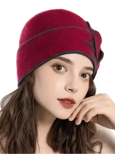Sumolux Beanie Hats for Women Wool Skull Cap Beret Floral Cuffed French Vintage Dress Cloche Classic Winter 1920s - SUMOLUX (1)