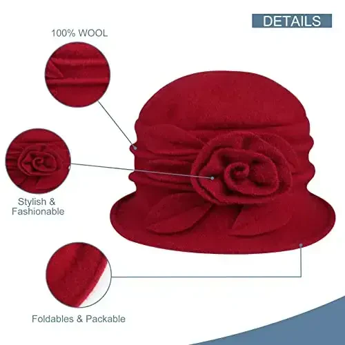 Sumolux Women Beret Hat French Vintage Floral Wool Dress Cloche Classic Winter Hat 1920s - 4