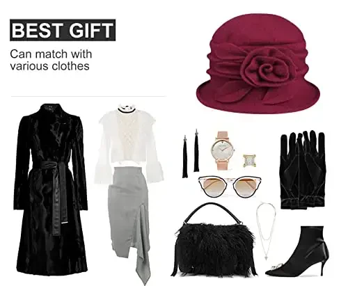 Sumolux Women Beret Hat French Vintage Floral Wool Dress Cloche Classic Winter Hat 1920s - 6