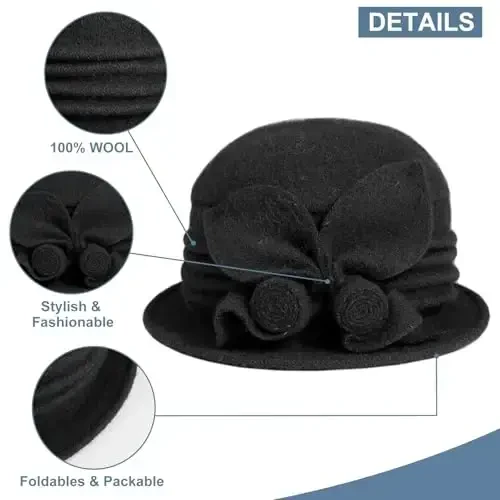 Sumolux Women Beret Hat French Vintage Floral Wool Dress Cloche Classic Winter Hat 1920s - 3