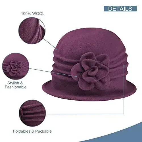 Sumolux Women Beret Hat French Vintage Floral Wool Dress Cloche Classic Winter Hat 1920s - 3