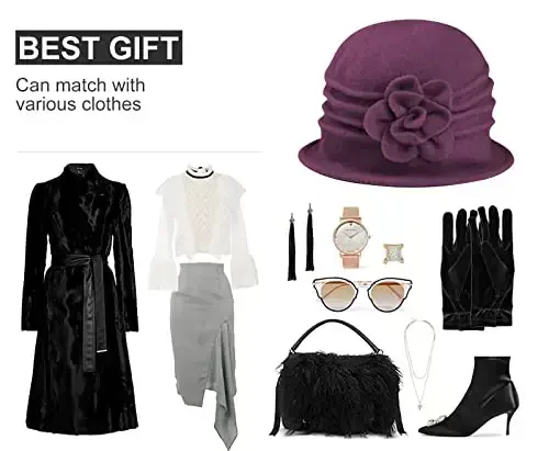 Sumolux Women Beret Hat French Vintage Floral Wool Dress Cloche Classic Winter Hat 1920s - 6