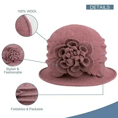 Sumolux Women Beret Hat French Vintage Floral Wool Dress Cloche Classic Winter Hat 1920s - 3