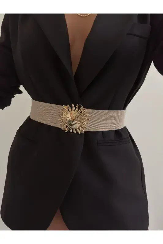 Sun Buckle Interlocking Elastic Women's Belt, Jacket Belt, Shirt Belt, Dress Belt-Beige - 4