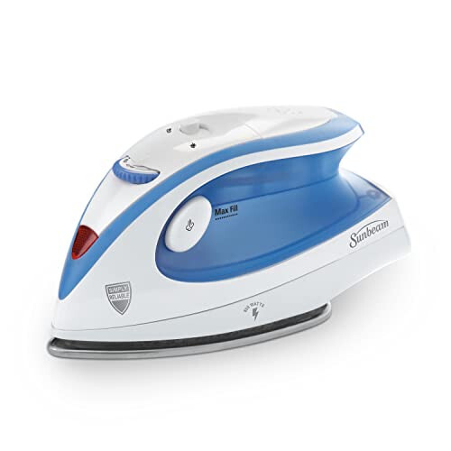 Sunbeam Hot-2-Trot Travel Steam Iron, 800 Watt Dual Voltage 120/240, Compact Size, Portable, Non-Stick Soleplate, Soft Touch Handle, Horizontal or Vertical Use, White and Blue - 1