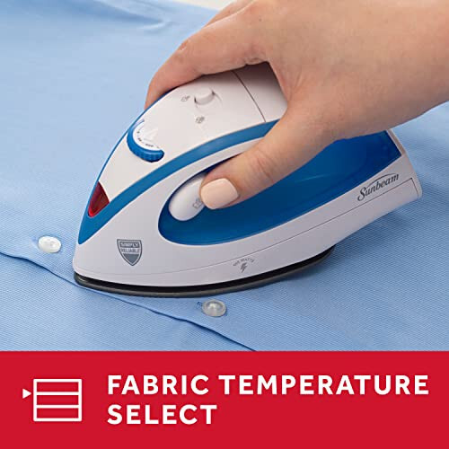 Sunbeam Hot-2-Trot Travel Steam Iron, 800 Watt Dual Voltage 120/240, Compact Size, Portable, Non-Stick Soleplate, Soft Touch Handle, Horizontal or Vertical Use, White and Blue - 4